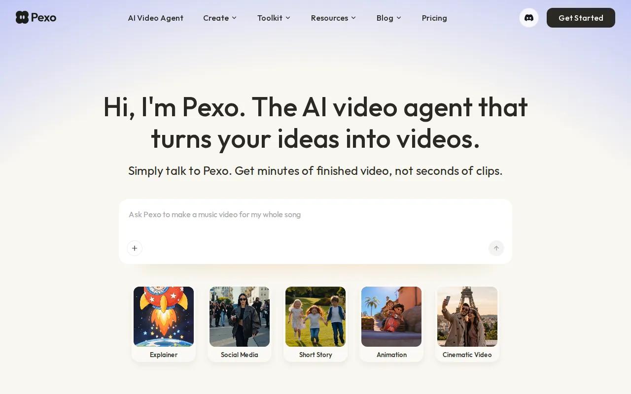 Screenshot of the Pexo website