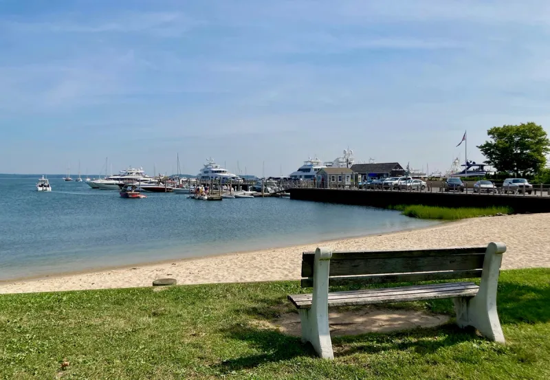 Bench overlooking Sag Harbor marina and pier
