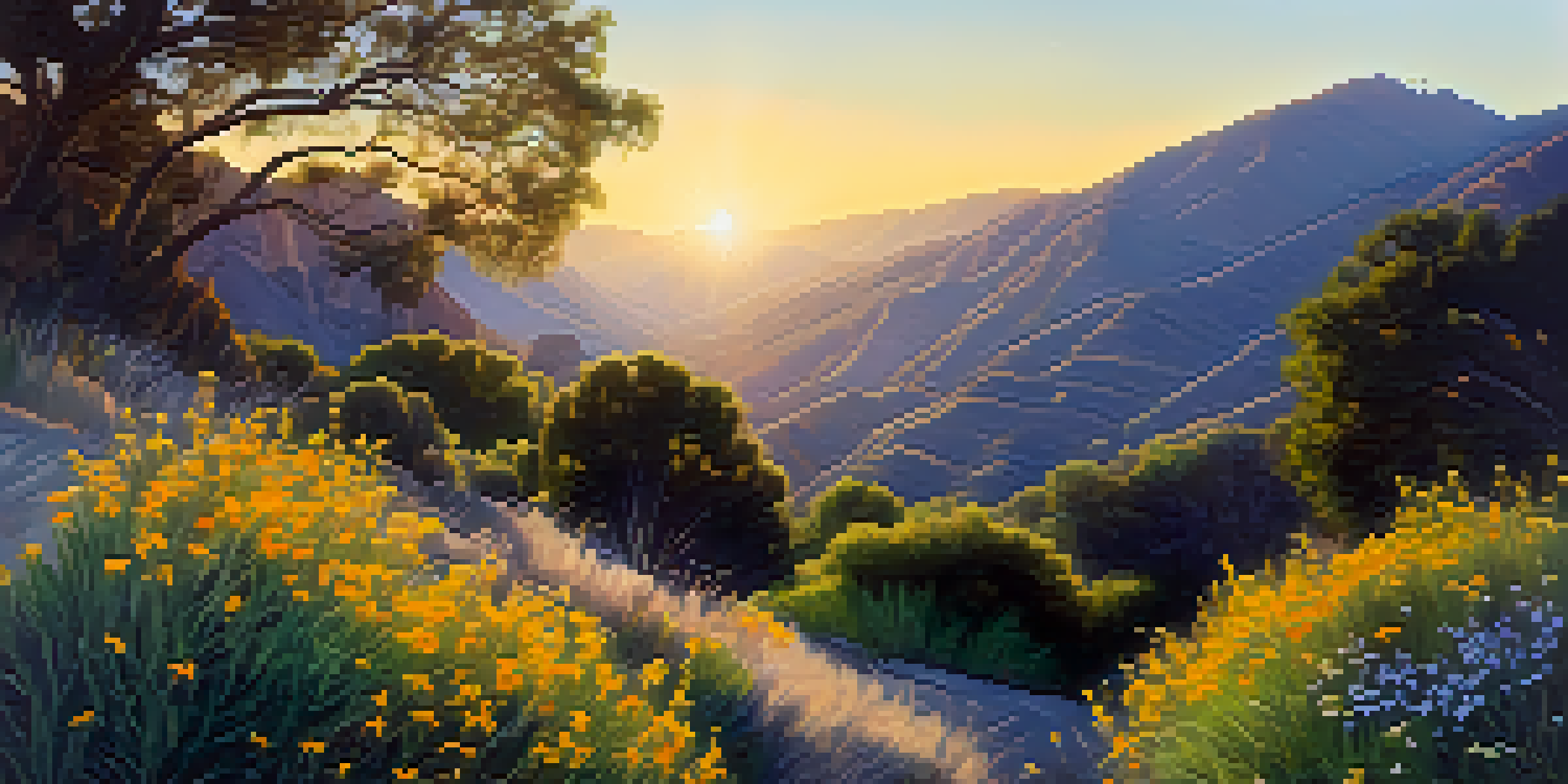 A scenic view of Eaton Canyon Natural Area showing colorful wildflowers, rugged mountains in the background, and birds flying in the sky during golden hour.