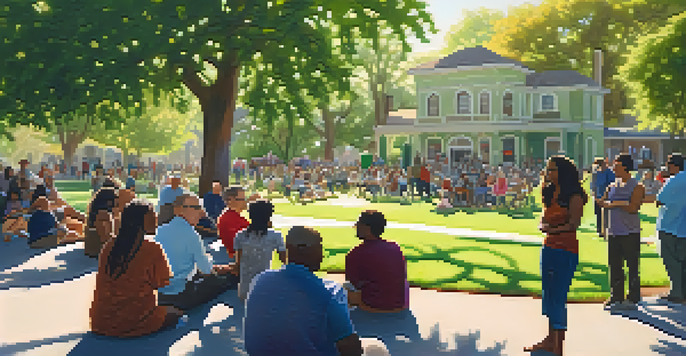 A diverse group of residents engaged in a community meeting in a park, surrounded by green trees and a historic building, with sunlight filtering through the leaves.