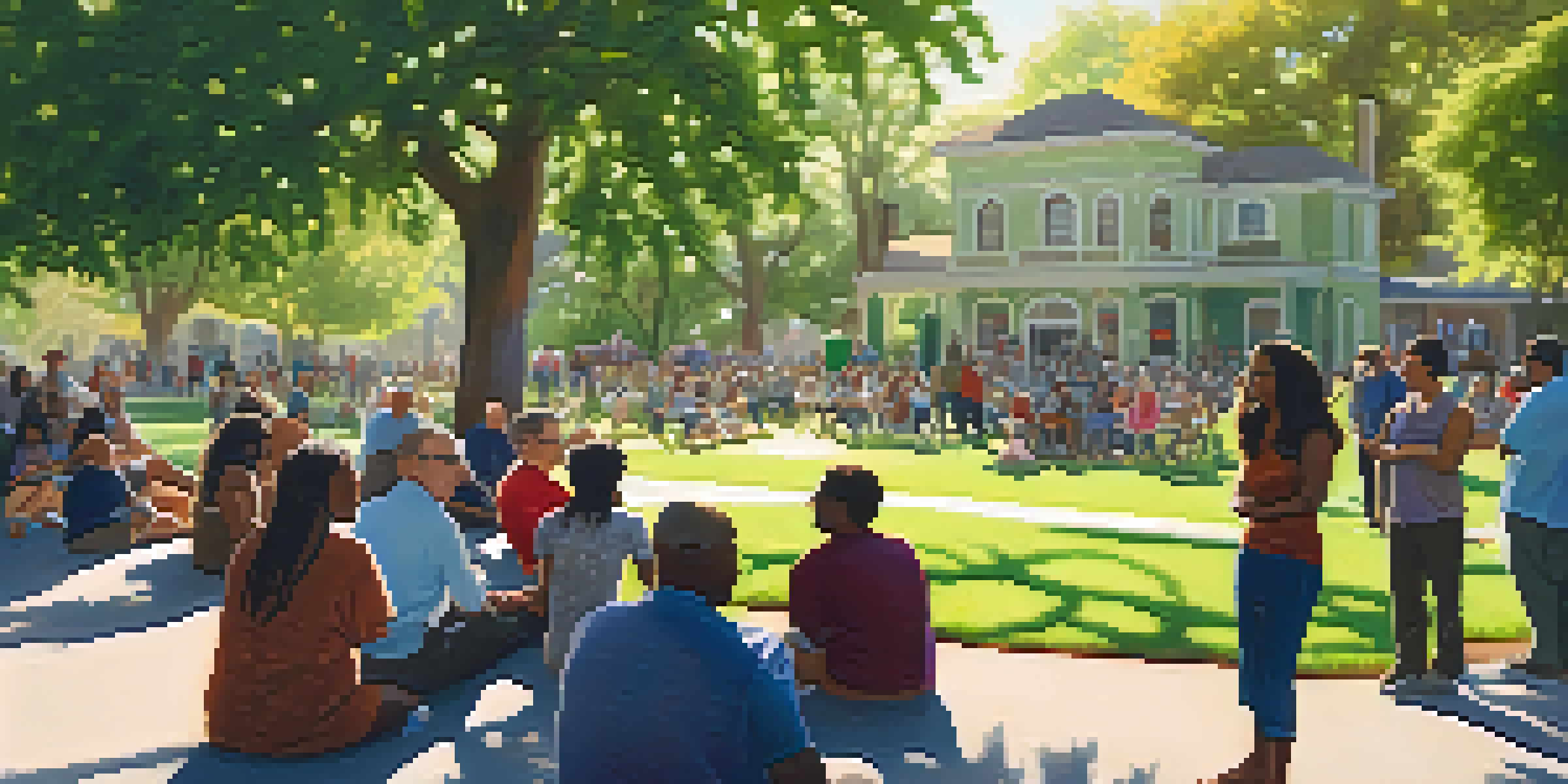 A diverse group of residents engaged in a community meeting in a park, surrounded by green trees and a historic building, with sunlight filtering through the leaves.
