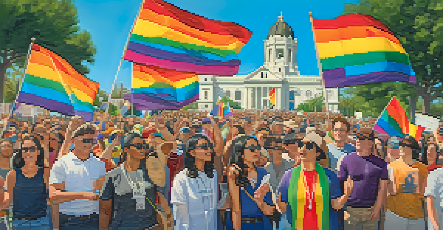 Demonstrators peacefully protesting for LGBTQ+ rights in front of Pasadena City Hall, holding colorful signs under a clear sky.