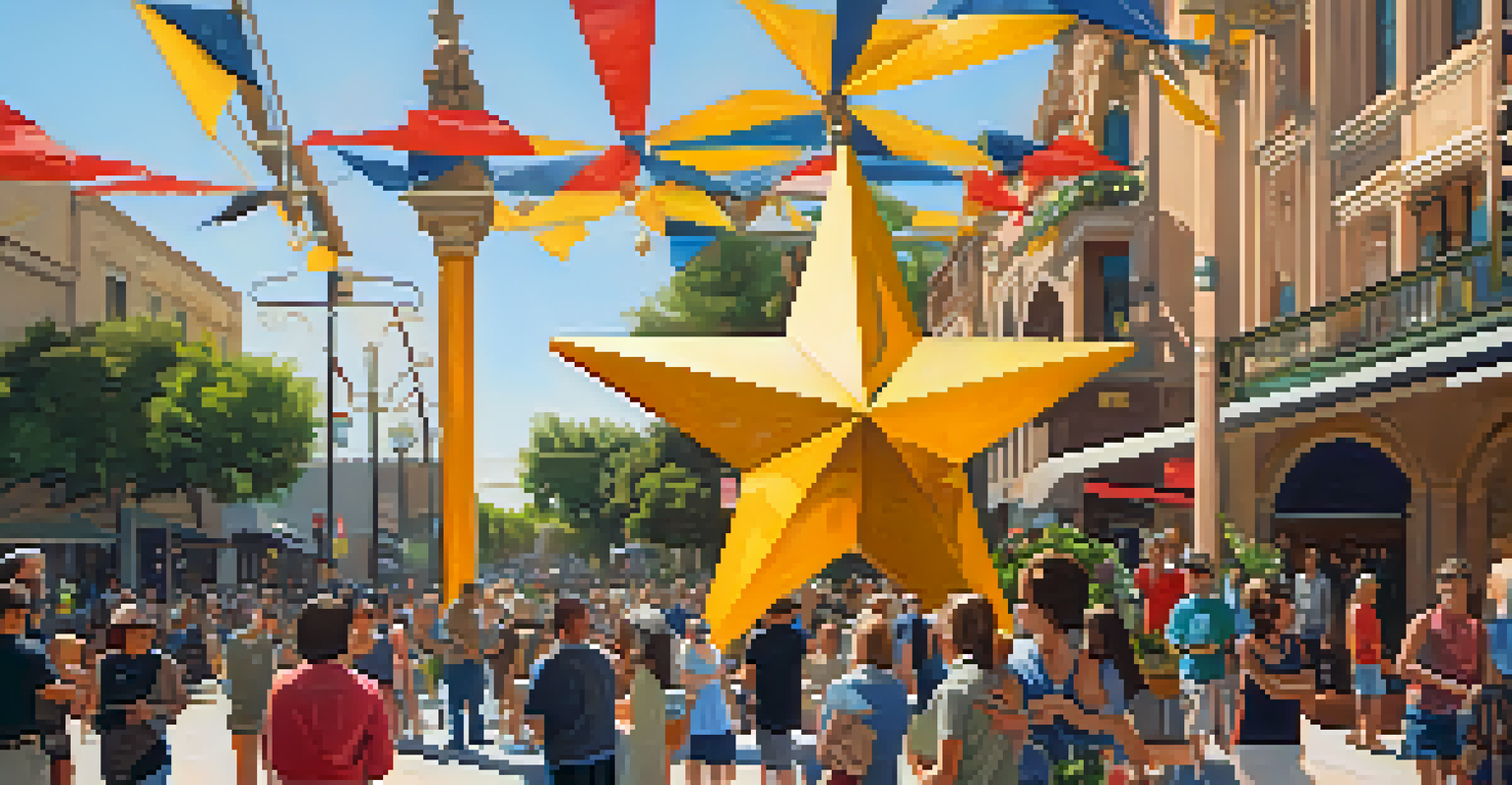 The 'Pasadena Star' sculpture surrounded by people at a community event in Old Town Pasadena.