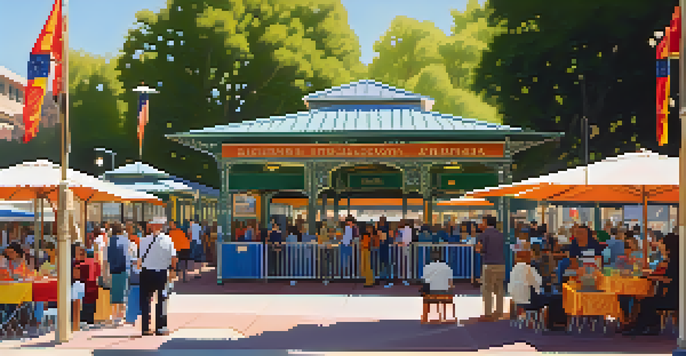 A busy train station in Pasadena filled with people at a cultural festival, featuring art displays and music performances under bright sunlight.