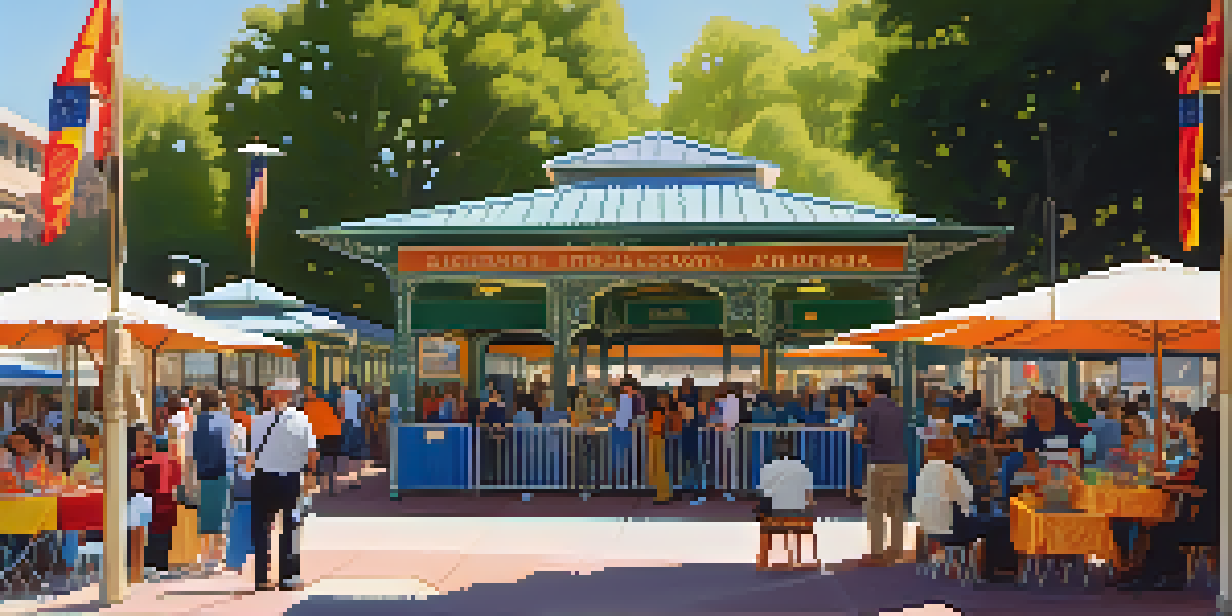 A busy train station in Pasadena filled with people at a cultural festival, featuring art displays and music performances under bright sunlight.