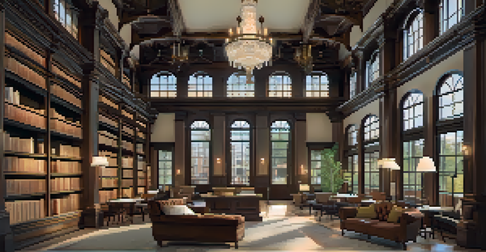 A cozy reading room in a historic library with wooden shelves, large windows, and vintage decor.