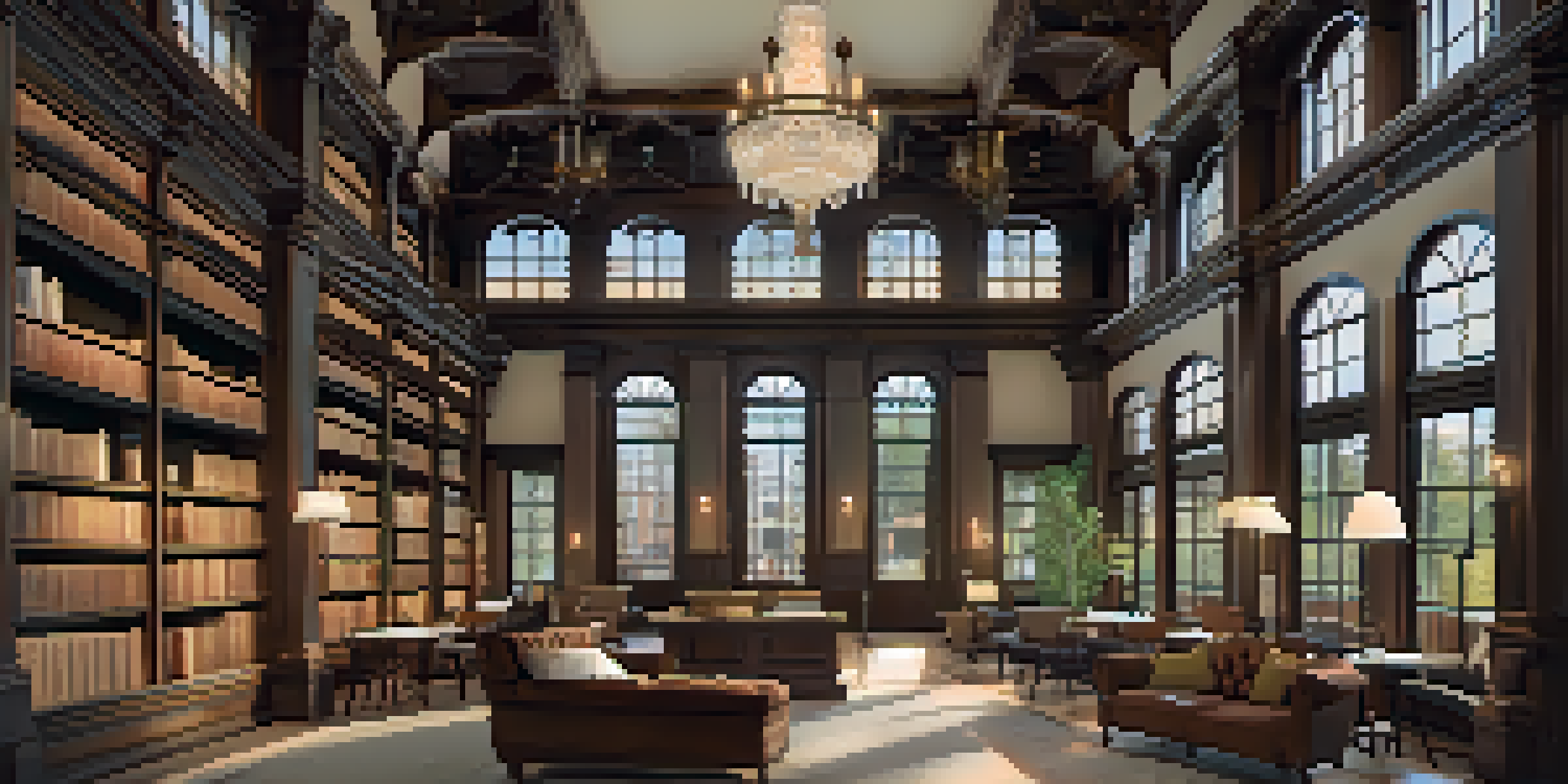 A cozy reading room in a historic library with wooden shelves, large windows, and vintage decor.