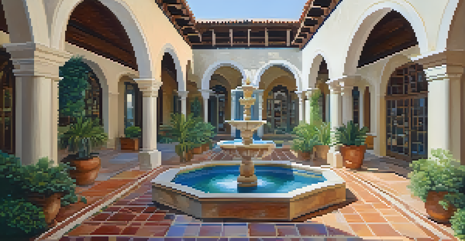 A tranquil outdoor courtyard of a Spanish Revival library with a garden, fountain, and arched walkways.