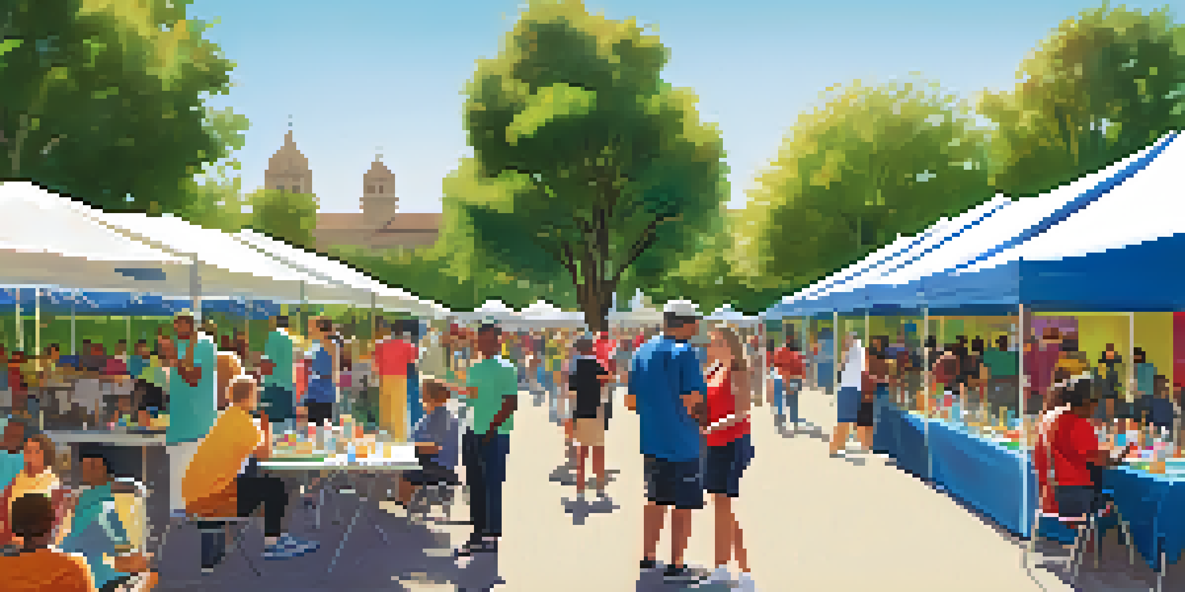 A lively community event in a park with diverse individuals discussing accessibility, colorful booths, and bright sunlight.