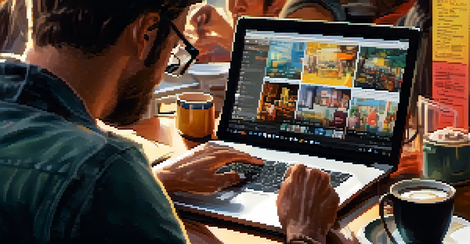 Close-up of a filmmaker editing a film on a laptop in a café during the Pasadena Film Festival, with colorful clips and notes around.