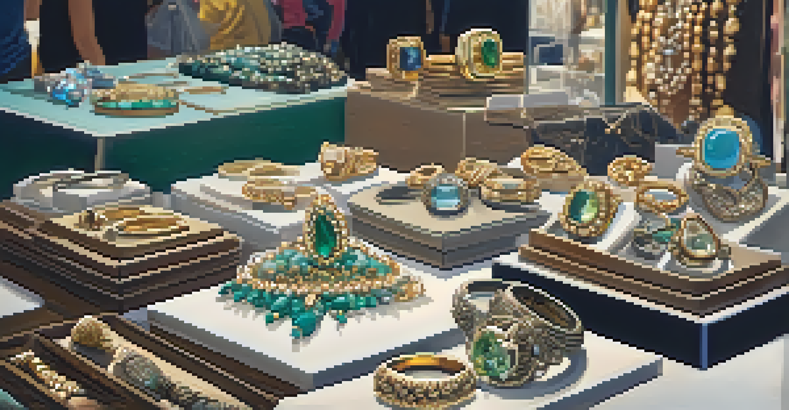 A detailed view of a jeweler's booth showcasing handmade jewelry with nature-inspired designs, set against a softly lit background of visitors at the craft fair.