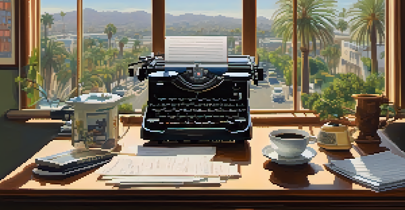 A writer's desk with a typewriter, coffee cup, and notes, overlooking sunny Pasadena streets with palm trees through an open window.