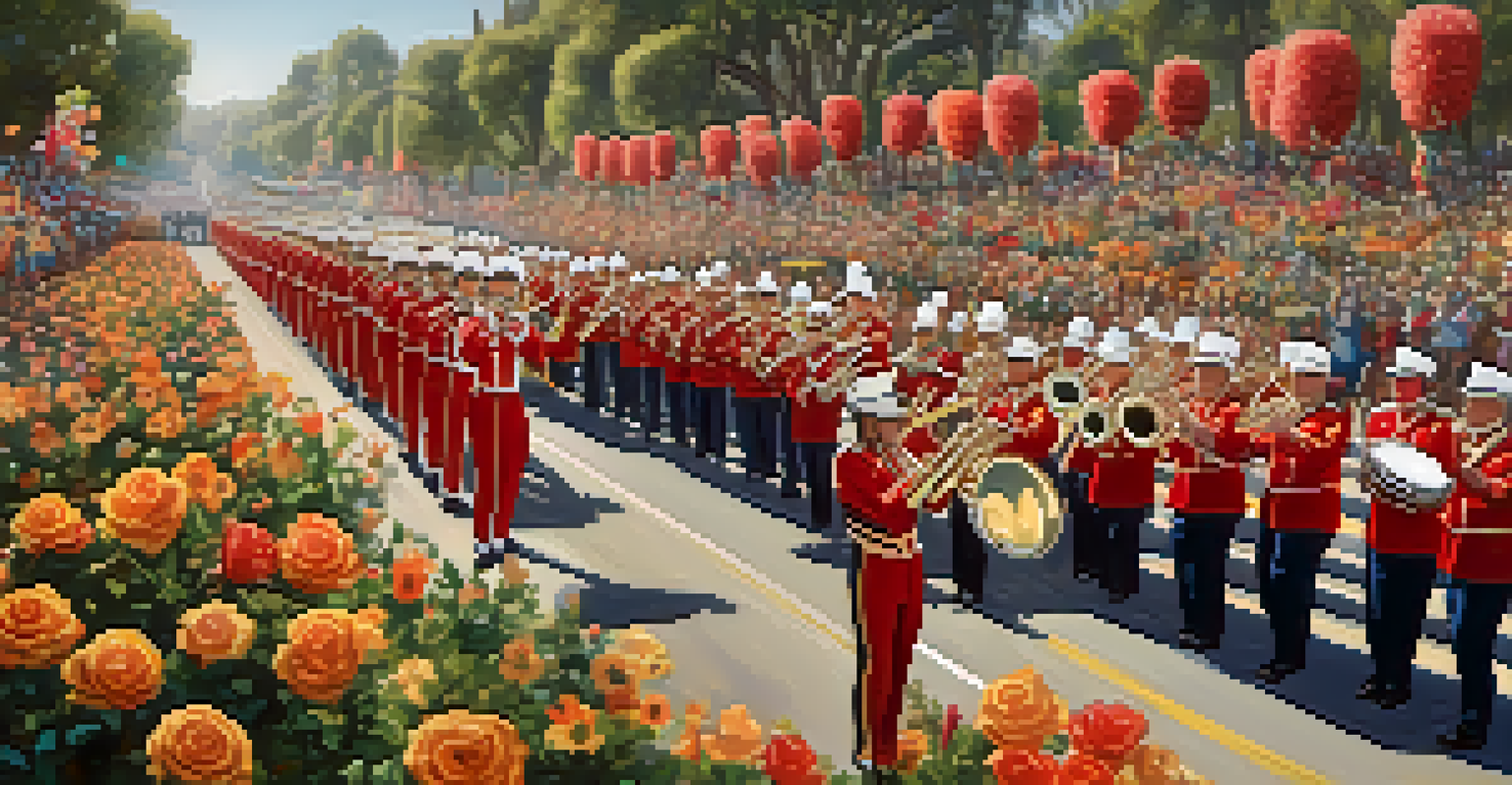 A marching band in colorful costumes performing in the Rose Parade, with floral floats in the background.