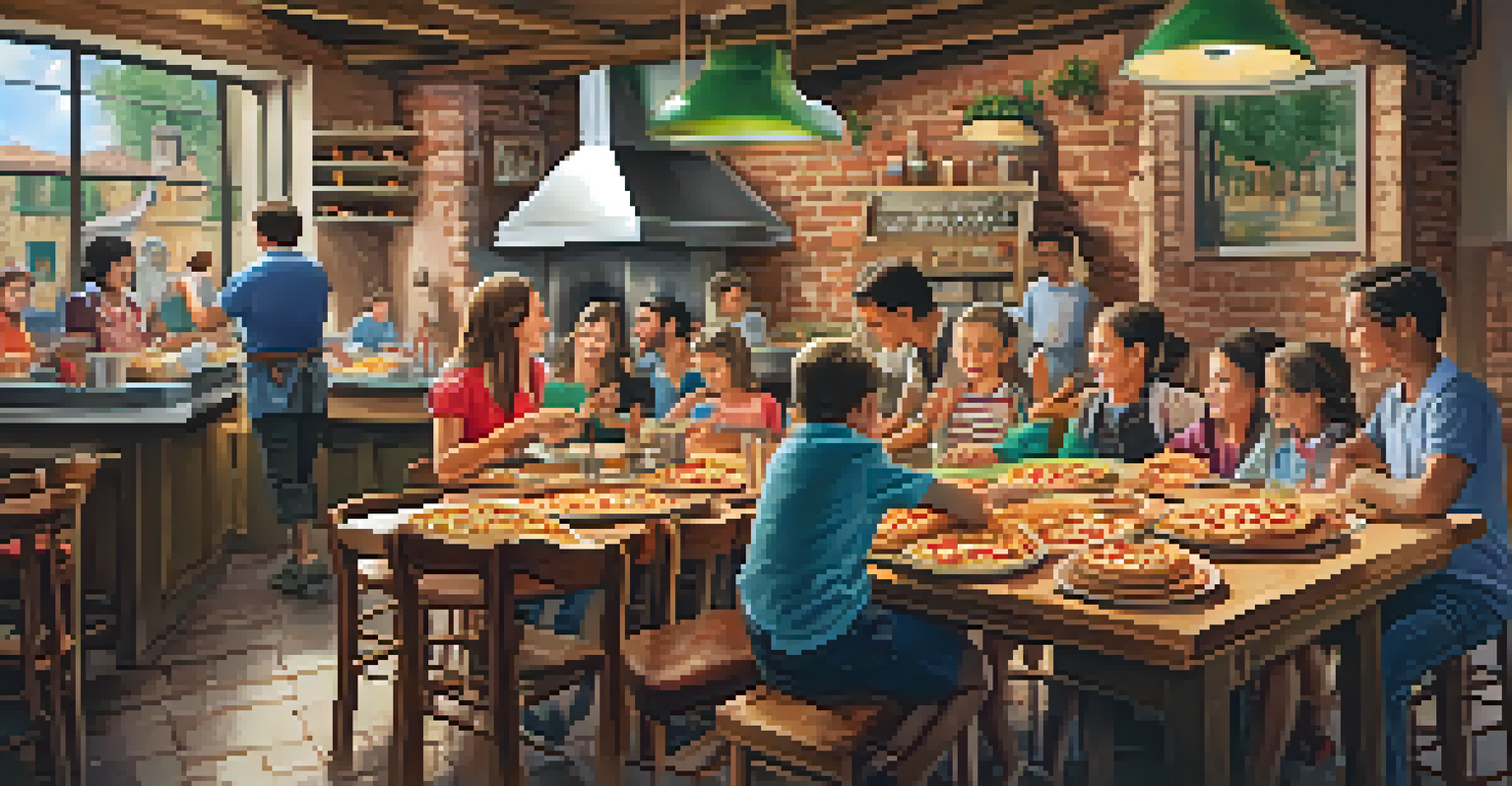 Families in an Italian restaurant watching pizzas being made, with colorful dishes on their table.