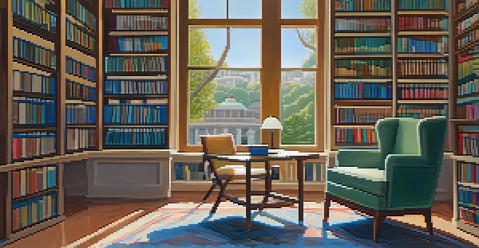 A cozy reading corner in a library with bookshelves, an armchair, and a window with natural light.