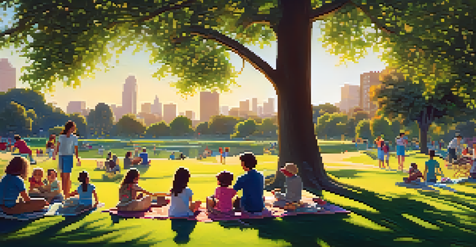 A wide view of Central Park in Pasadena with families having a picnic, children playing, and the sun setting, creating a warm atmosphere.