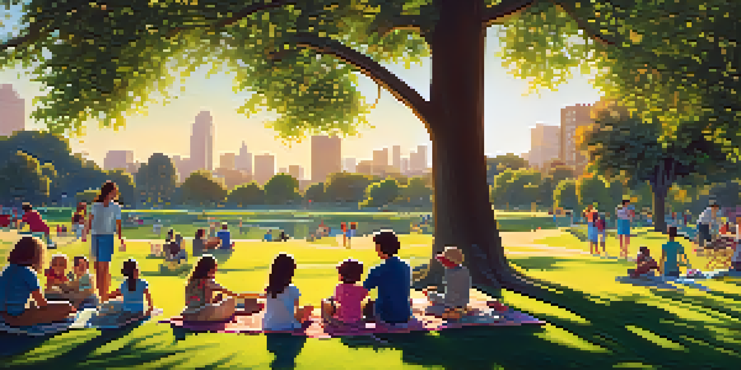 A wide view of Central Park in Pasadena with families having a picnic, children playing, and the sun setting, creating a warm atmosphere.