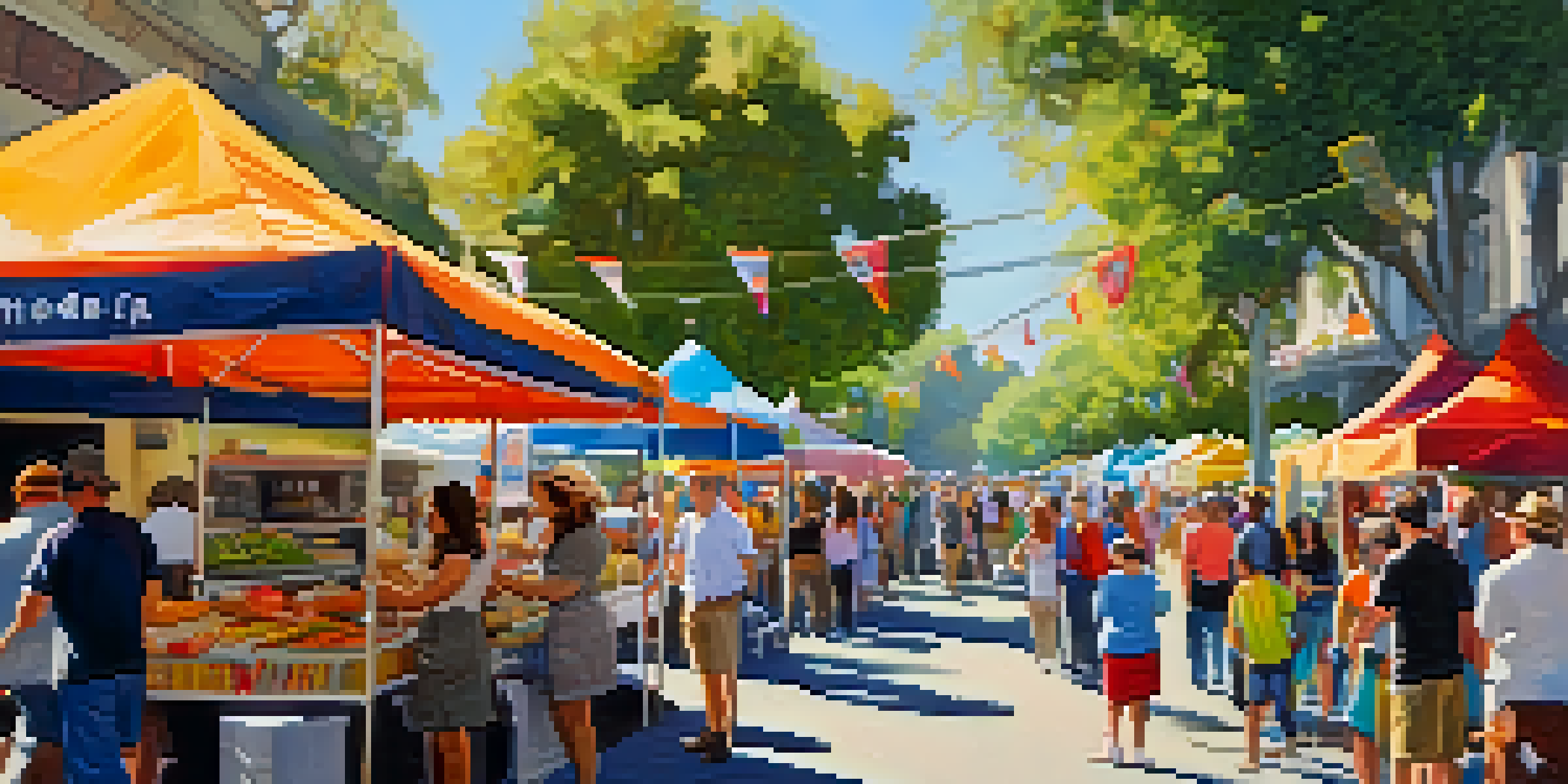 A bright and bustling street scene at a food festival, featuring colorful booths and happy attendees enjoying food.