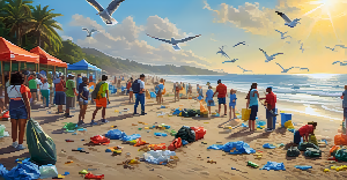 Volunteers of various backgrounds participating in a coastal cleanup on a sunny beach, collecting trash with the ocean in the background.