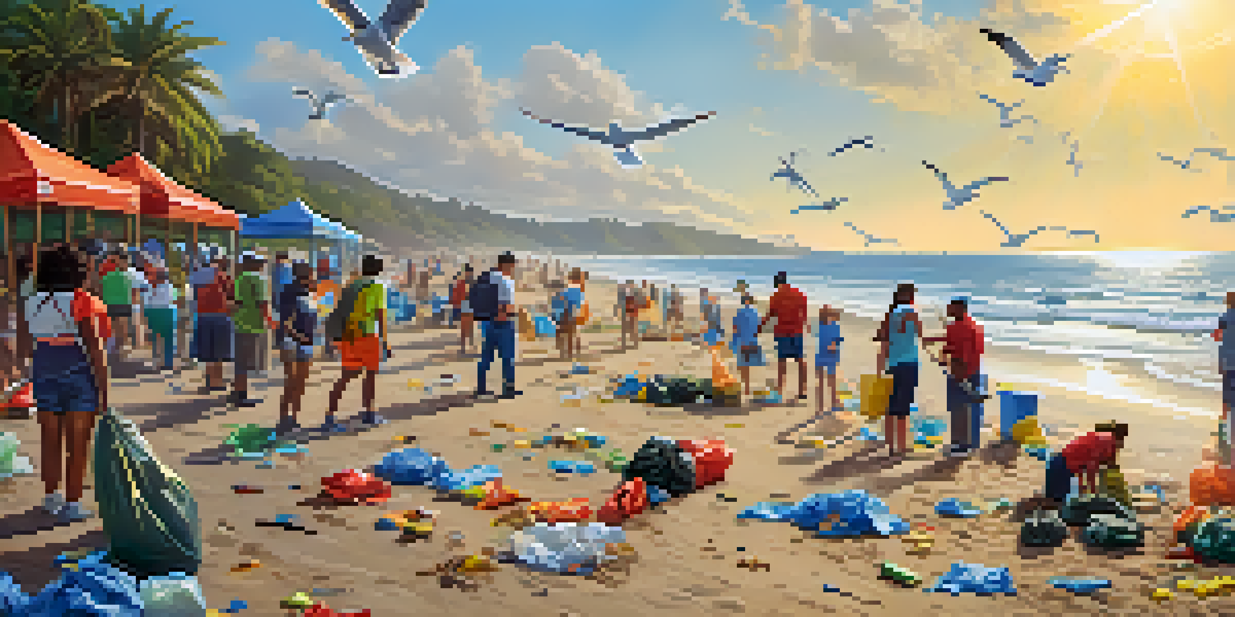 Volunteers of various backgrounds participating in a coastal cleanup on a sunny beach, collecting trash with the ocean in the background.