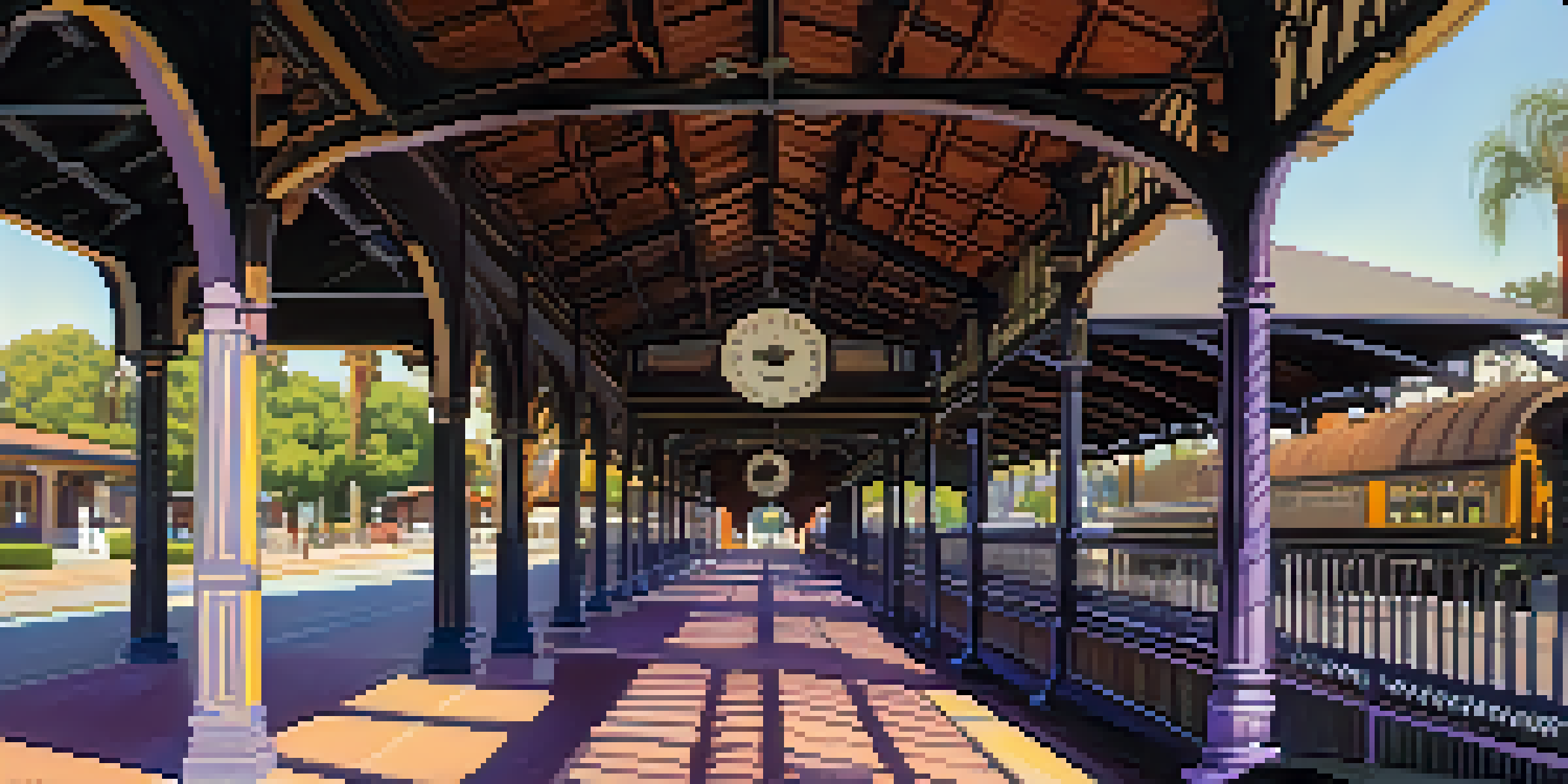 A historic train station in Pasadena with Spanish Mission and Victorian architecture, surrounded by jacaranda trees and a vintage steam locomotive in the warm afternoon light.