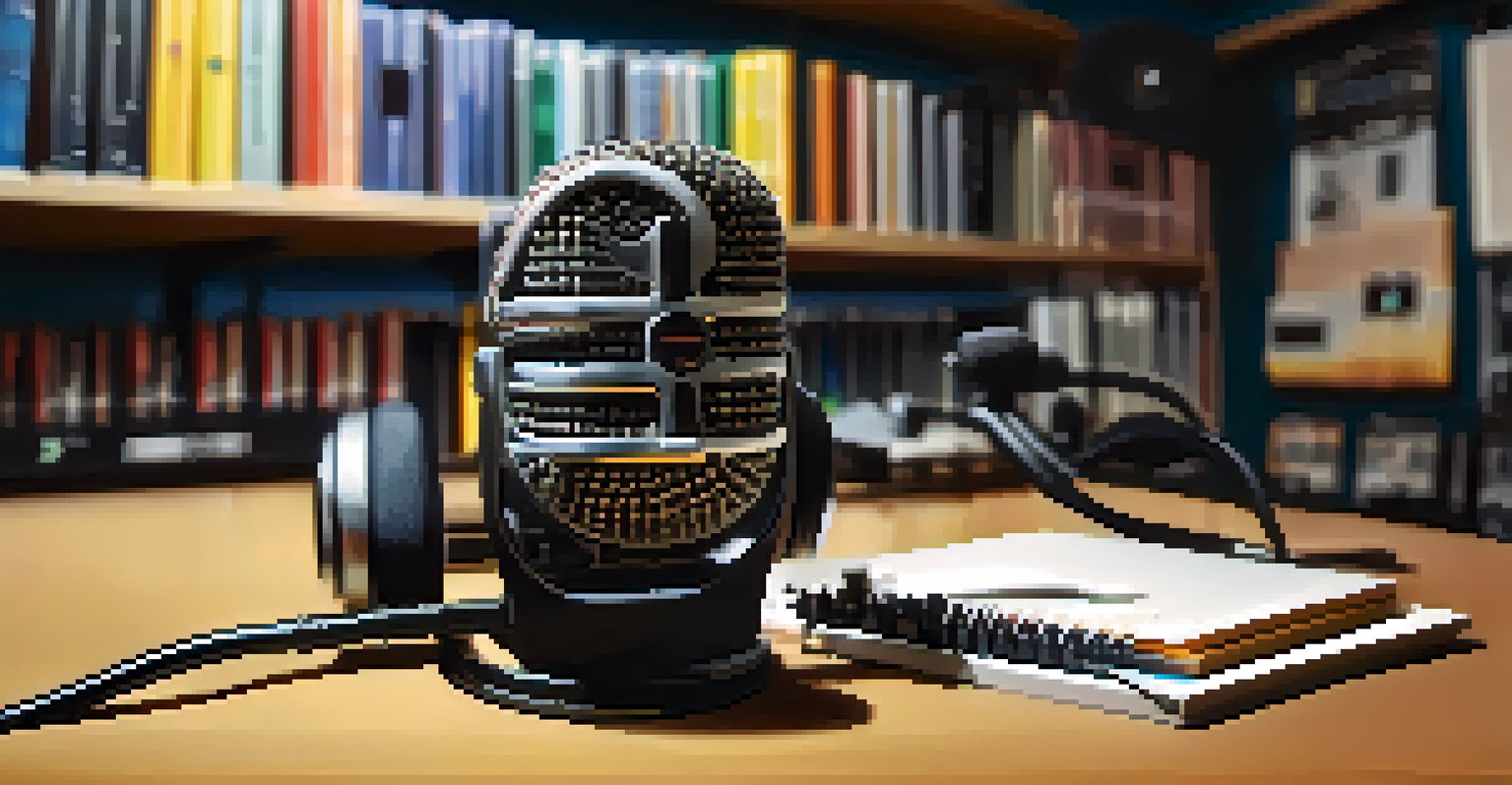 A close-up of a microphone and headphones in a community radio studio with blurred vinyl records and soft lighting in the background.