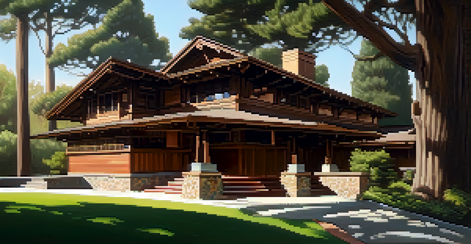 The Gamble House showcasing Arts and Crafts architecture amidst a natural landscape with sunlight filtering through the trees.