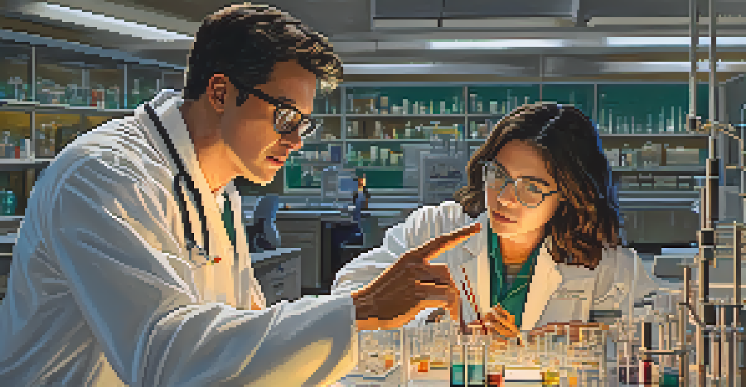 A professor mentoring a high school student in a laboratory, with scientific models and equipment in the background.