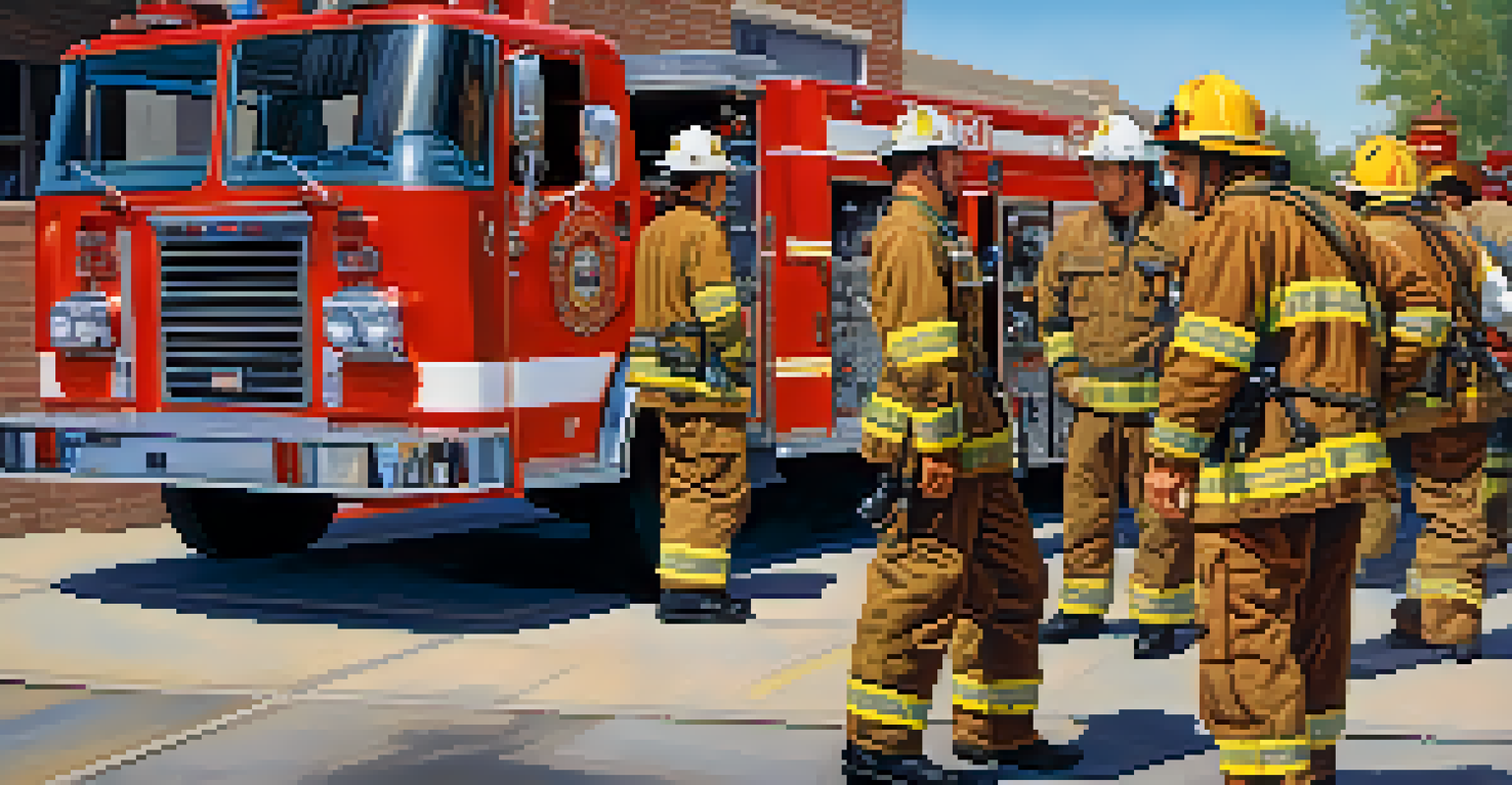 A mix of professional and volunteer firefighters collaborating at a mid-20th century fire station in Pasadena.