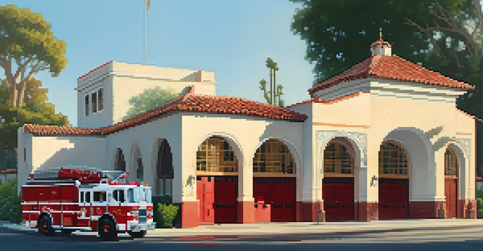 A beautiful Spanish Colonial Revival fire station in Pasadena during sunset, with red tile roofs and a vintage fire truck.