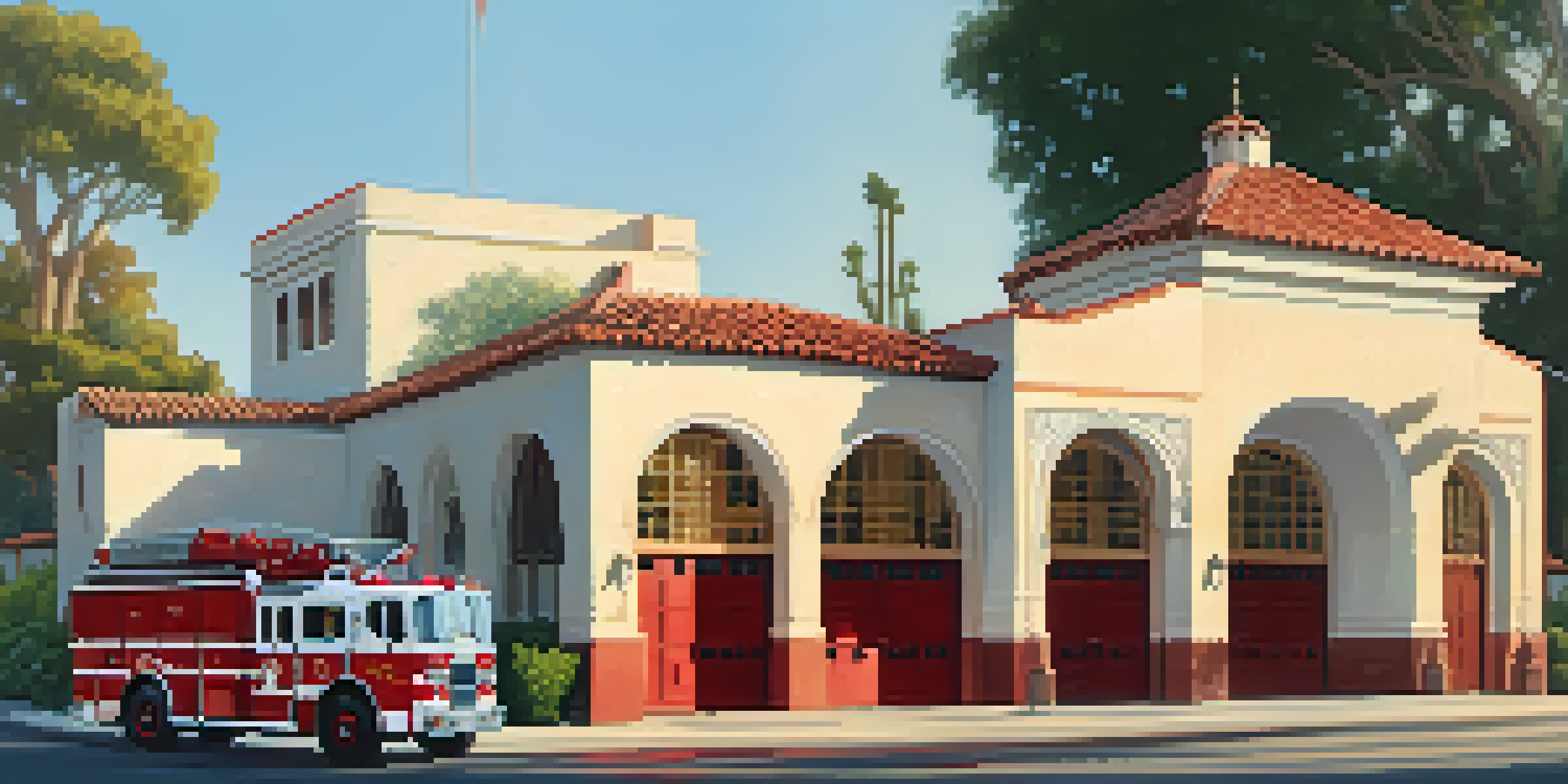 A beautiful Spanish Colonial Revival fire station in Pasadena during sunset, with red tile roofs and a vintage fire truck.
