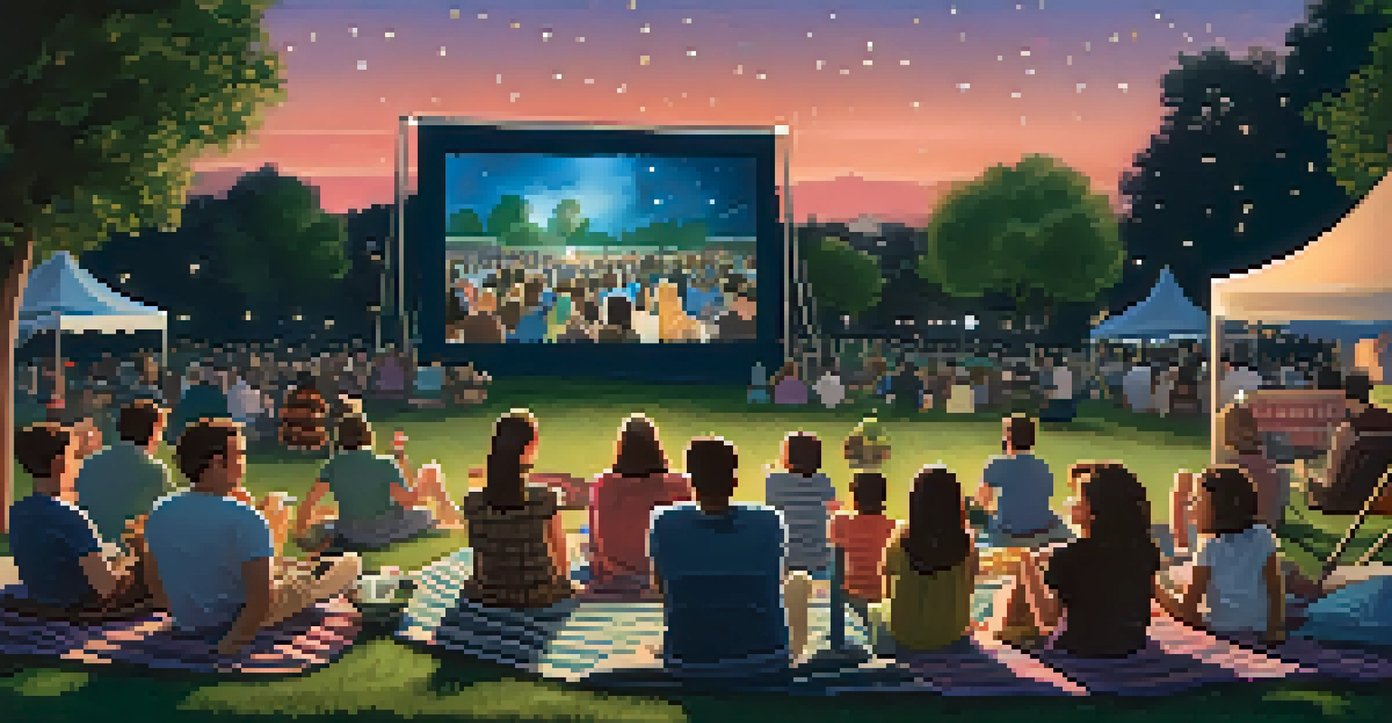 Families enjoying an outdoor movie night in a Pasadena park, with a large screen, blankets, and popcorn under the stars.