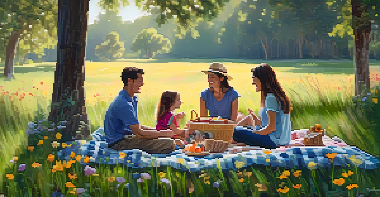 A family having a picnic on a blanket in a nature reserve, surrounded by trees and flowers.