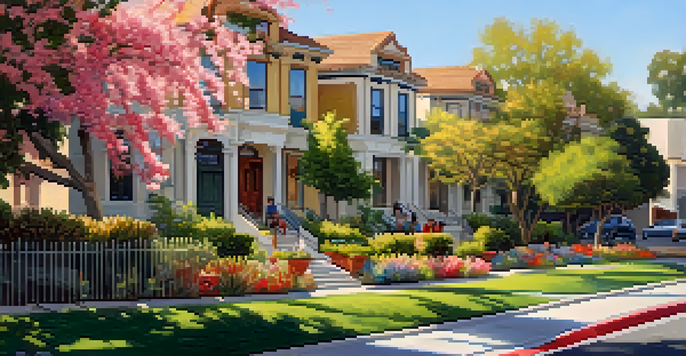 A sunny Pasadena neighborhood with a blend of modern and historical buildings, families outside enjoying the day, and a banner for a community workshop in the background.