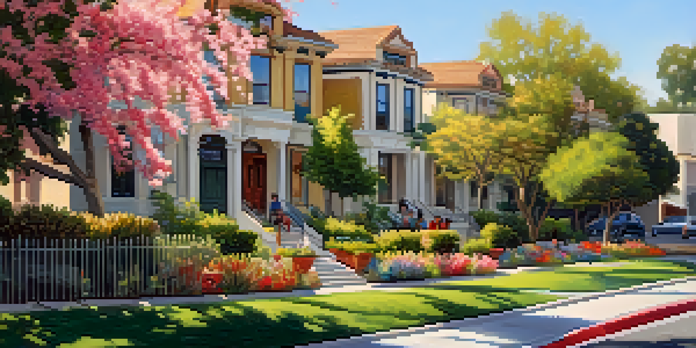 A sunny Pasadena neighborhood with a blend of modern and historical buildings, families outside enjoying the day, and a banner for a community workshop in the background.