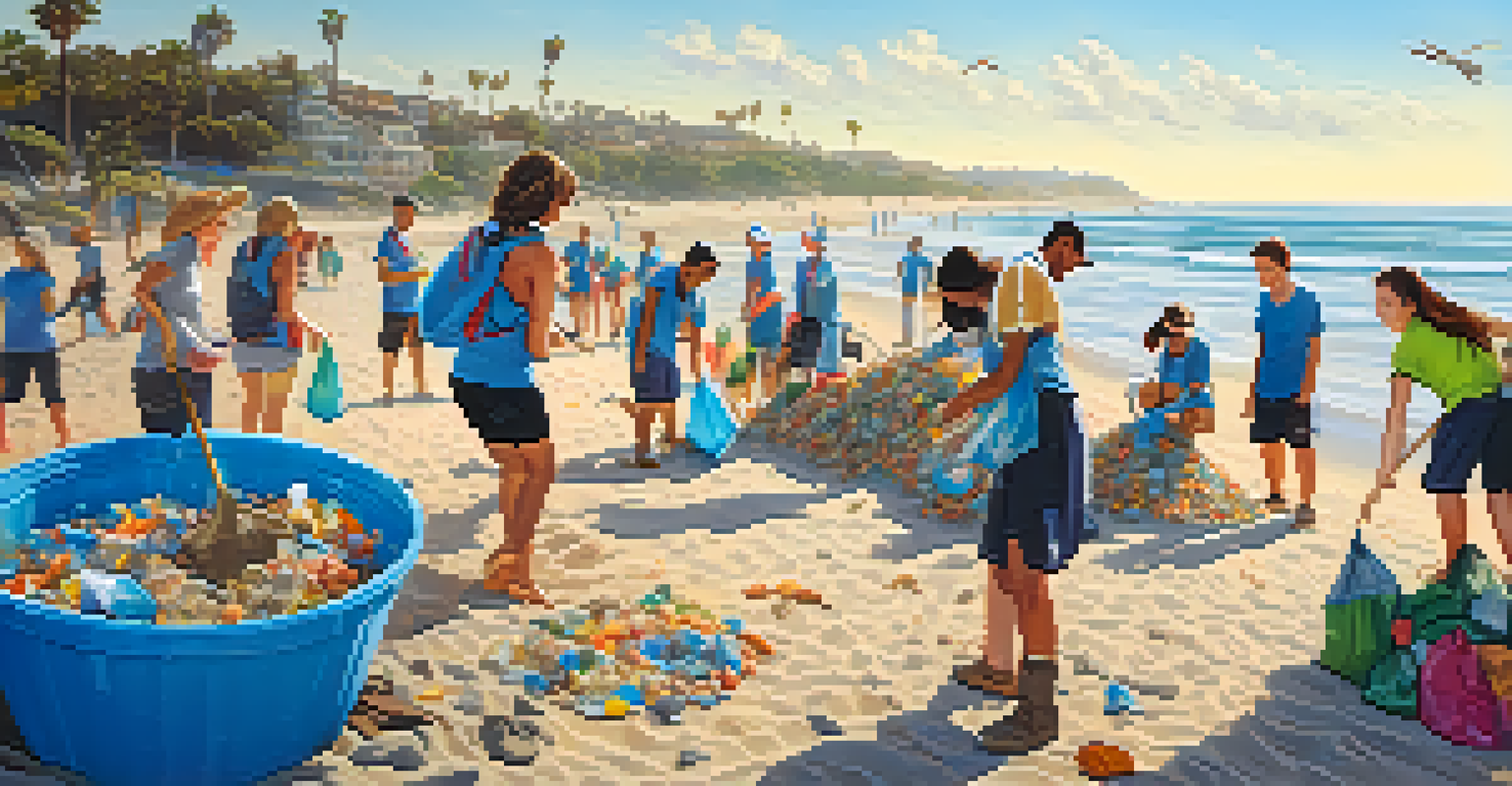 Volunteers cleaning up the beach along Pasadena's coastline, collecting trash and debris with smiles on their faces. The ocean waves are in the background.