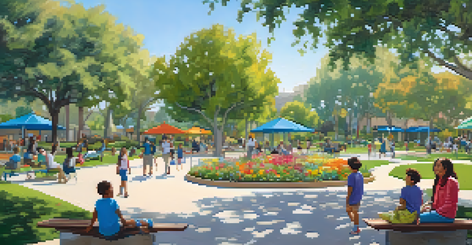 A lively urban park in Pasadena with families enjoying the outdoors, colorful flowers, and a community garden.