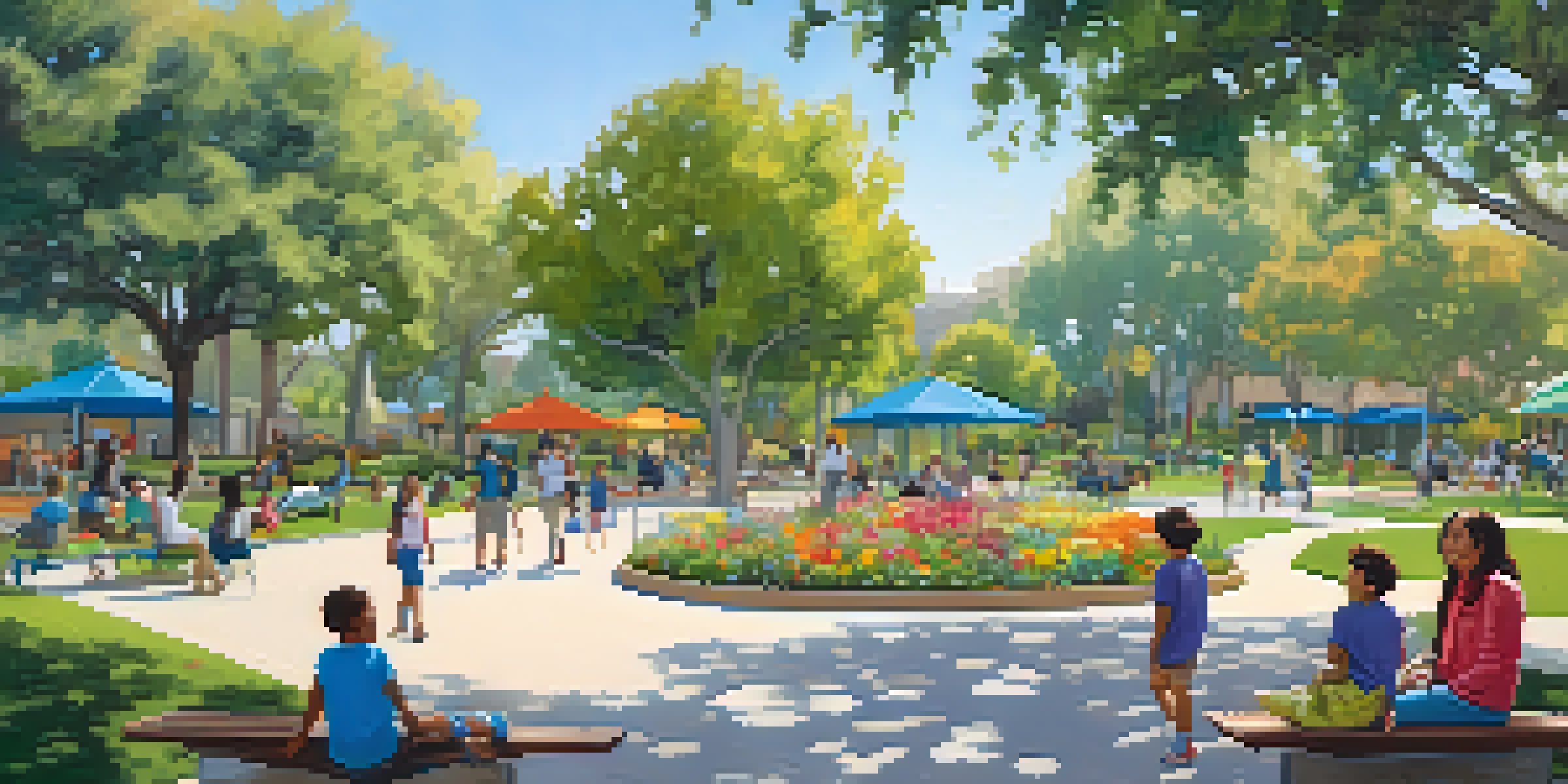 A lively urban park in Pasadena with families enjoying the outdoors, colorful flowers, and a community garden.