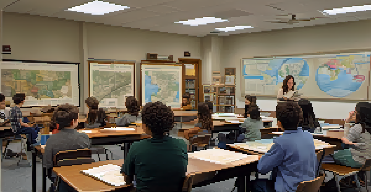 Students in a classroom participating in a workshop about Pasadena's history, surrounded by maps and historical artifacts.