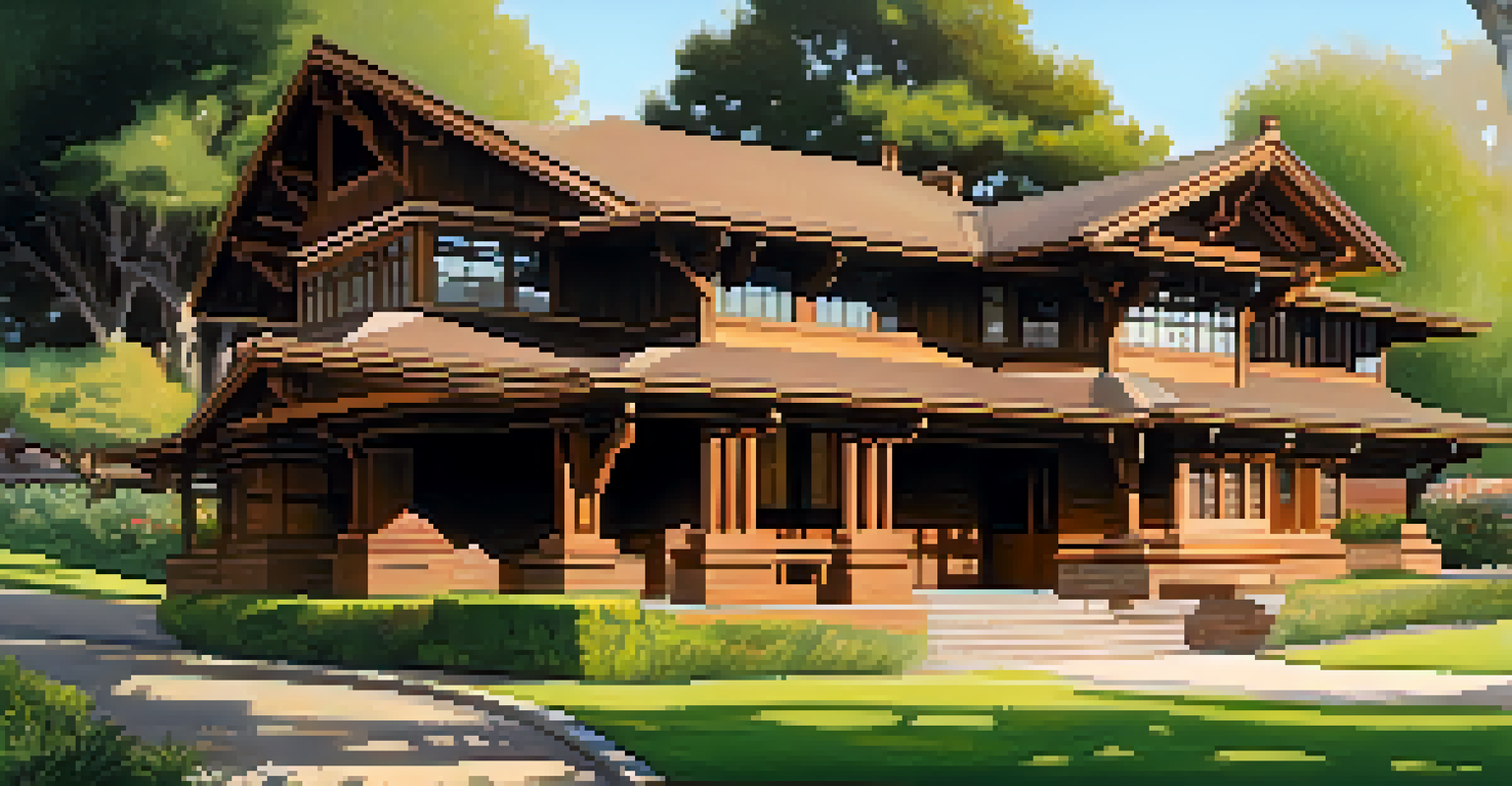 The historic Gamble House with Arts and Crafts architecture surrounded by greenery and soft sunlight.