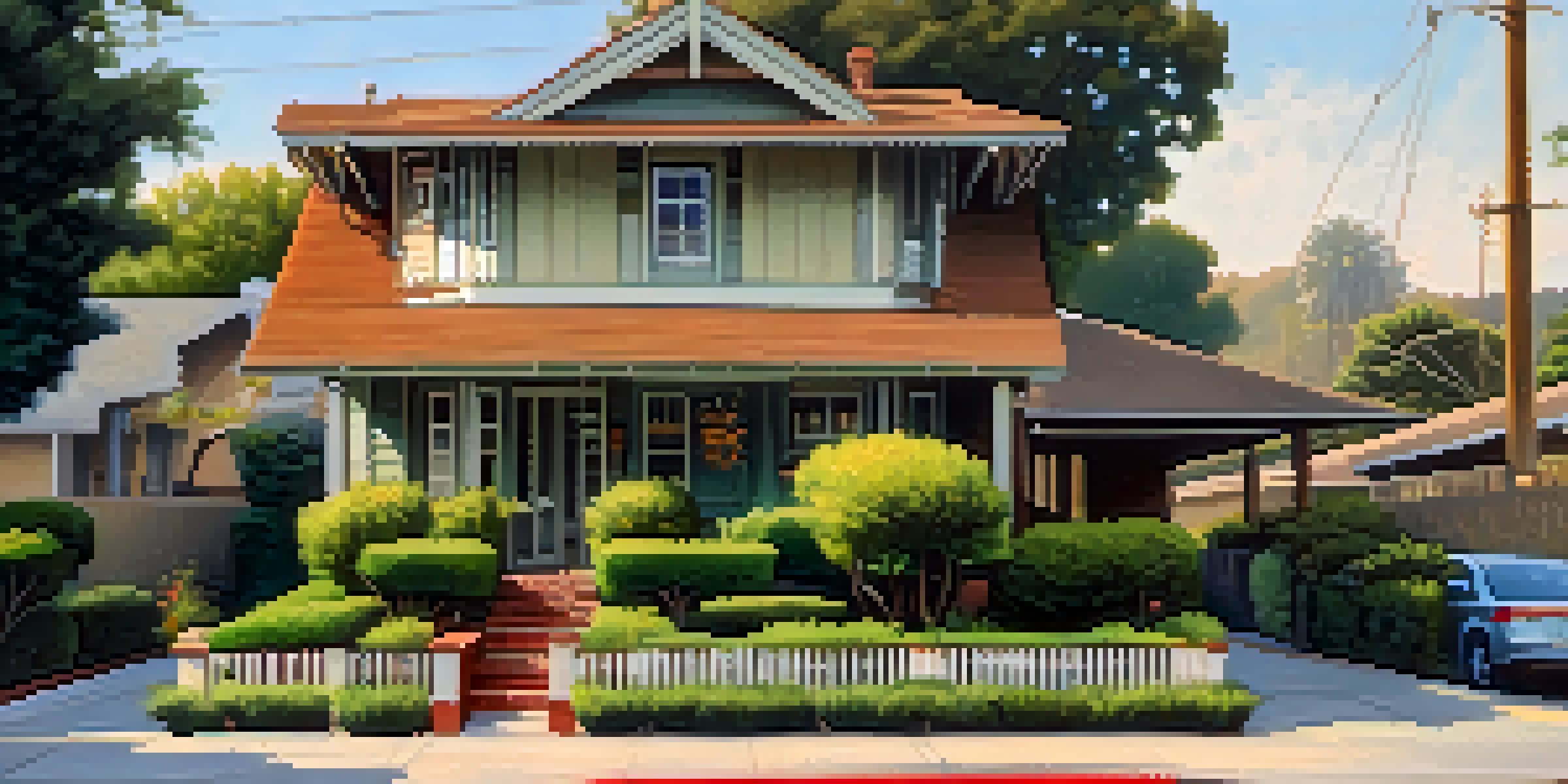 A street view featuring multiple Craftsman homes with low-pitched roofs and wooden details, surrounded by greenery under soft afternoon sunlight.