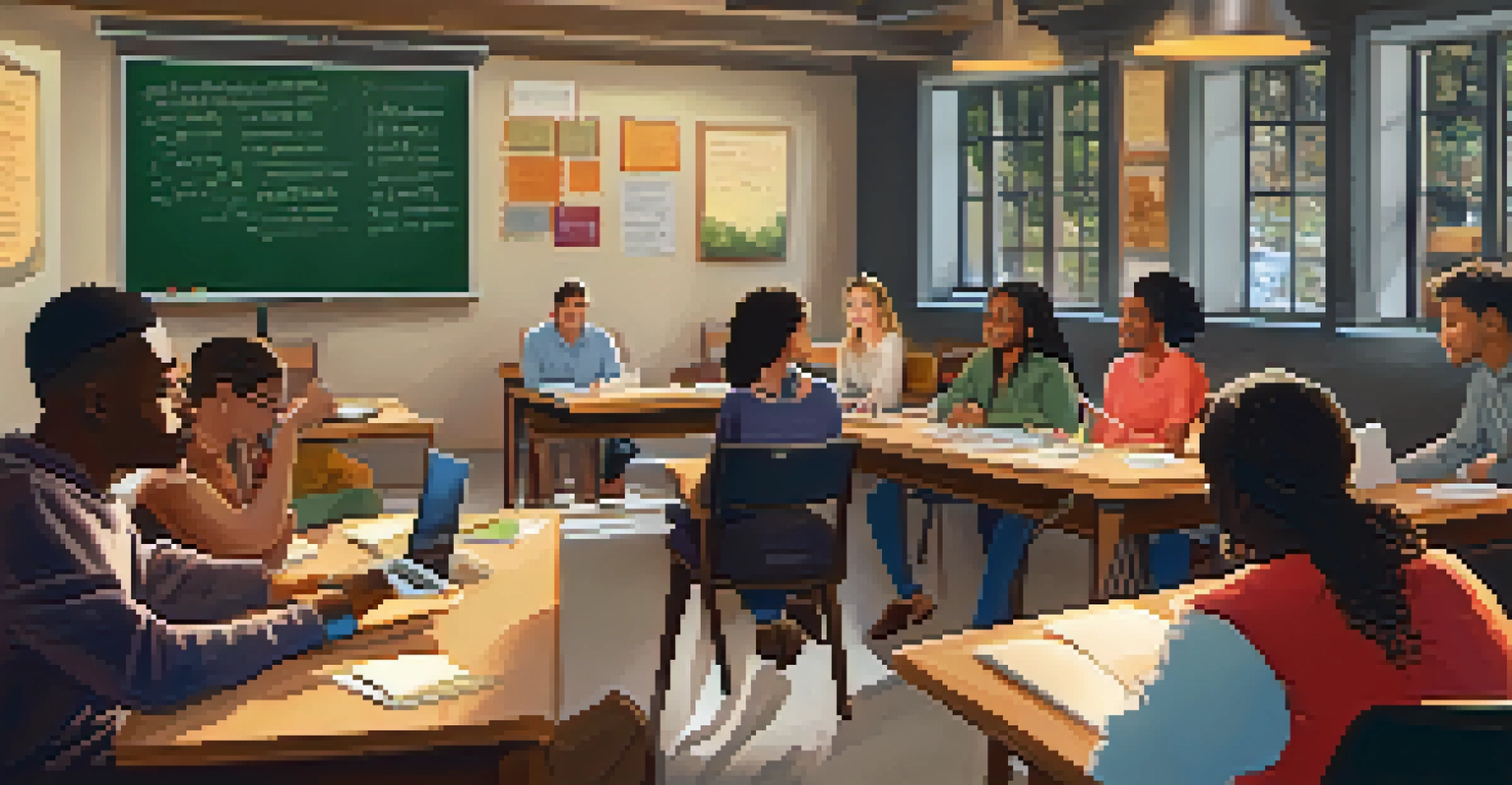 Adults participating in a lifelong learning workshop in a cozy classroom, with laptops and collaborative discussions.