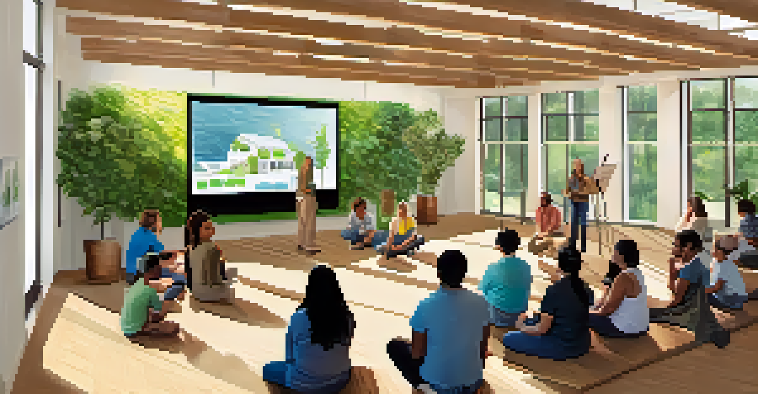 A workshop in a community center focused on sustainable building practices with diverse participants engaged in discussions.