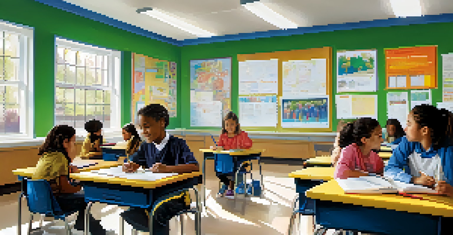 A classroom with students and a teacher engaged in a tutoring session, filled with educational materials and natural light.