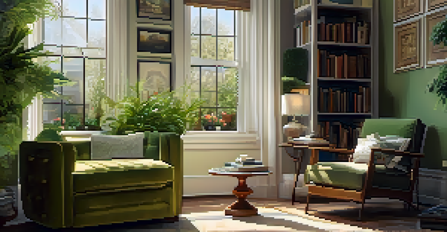 A warm and inviting reading nook with a vintage chair, classic books, sunlight pouring in, and indoor plants in a Pasadena setting.