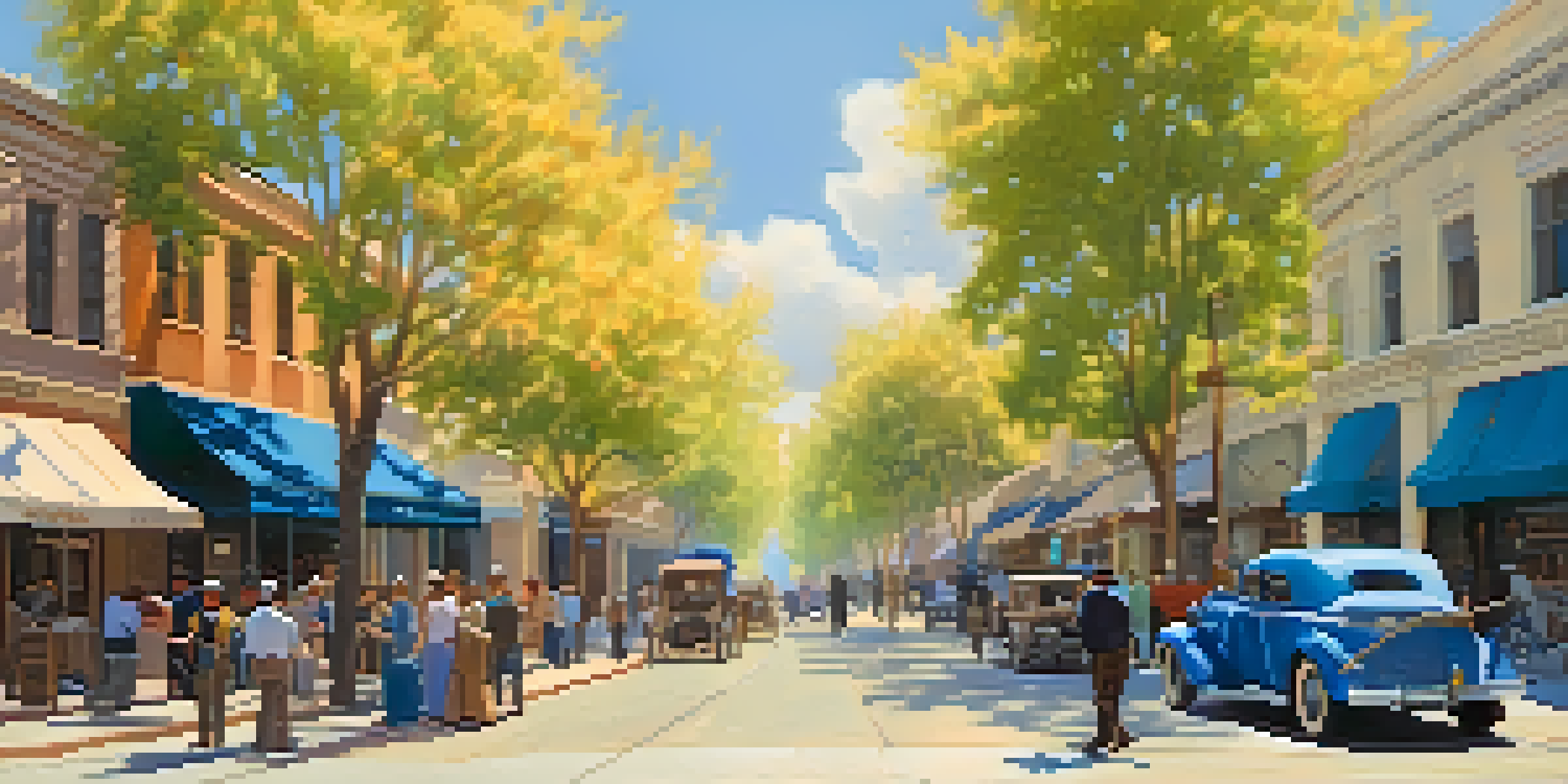 A lively outdoor scene depicting artists at work in Pasadena, with blooming trees and a bright blue sky.