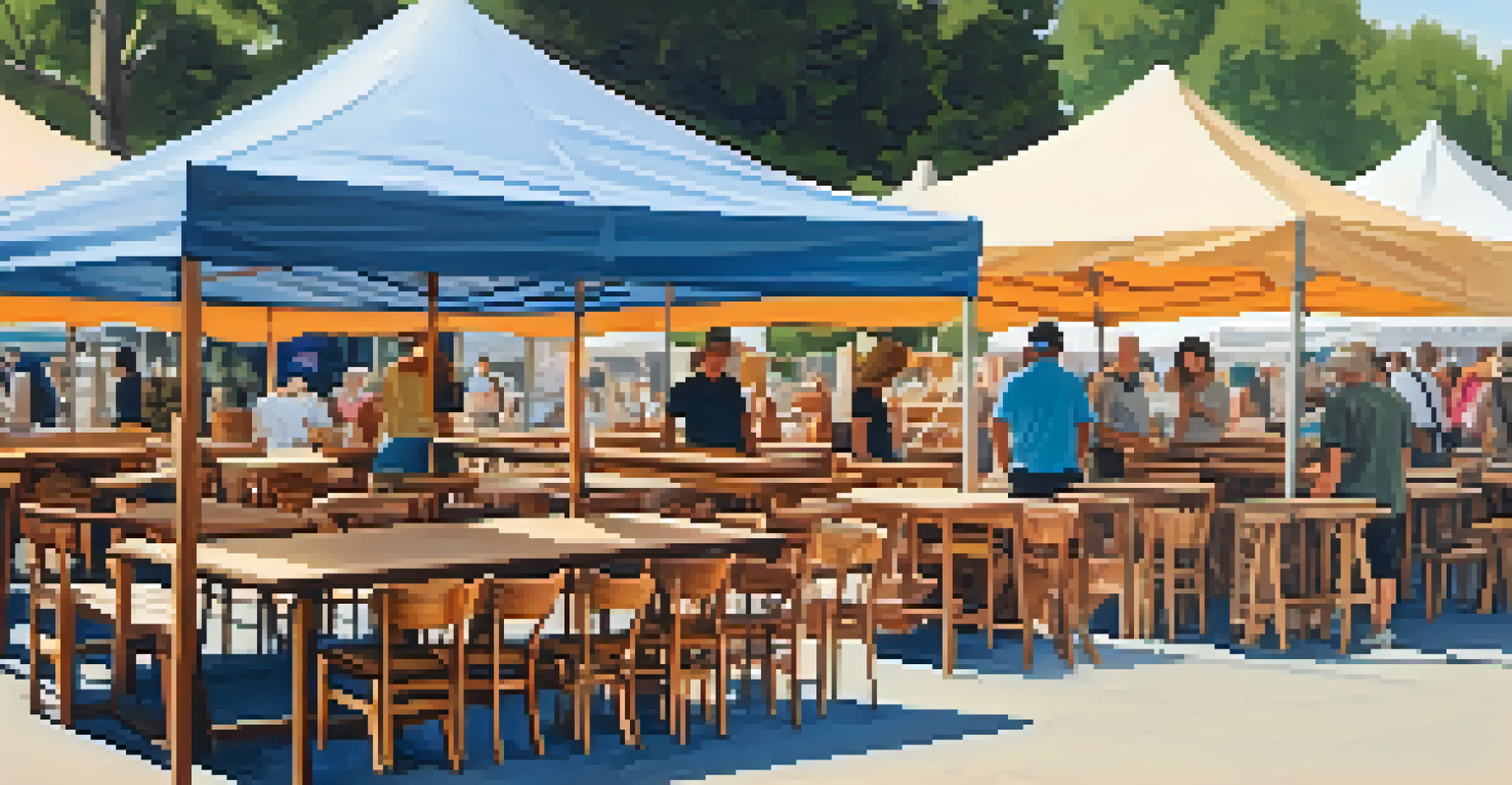 A vibrant craft fair showcasing various handcrafted wooden furniture pieces under colorful tents.