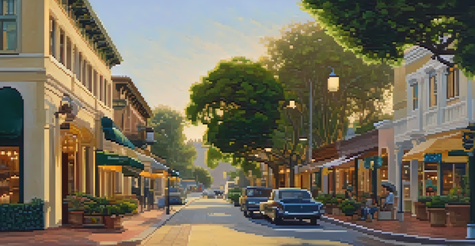 A scenic view of a historic street in Pasadena, with beautiful buildings, brick pathways, and greenery.