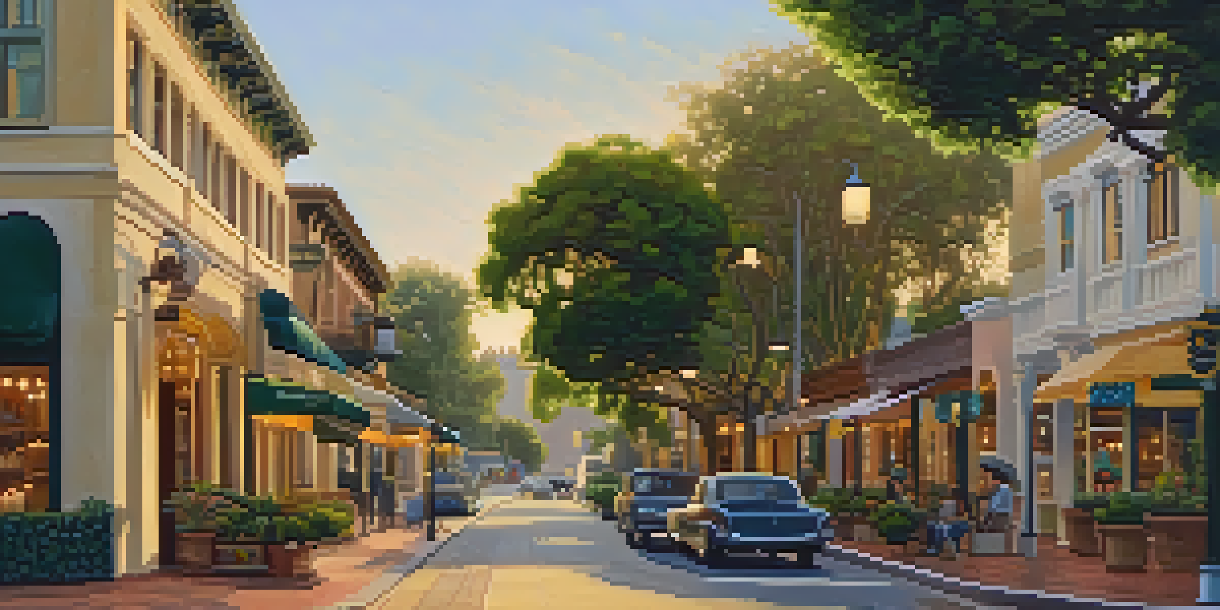 A scenic view of a historic street in Pasadena, with beautiful buildings, brick pathways, and greenery.