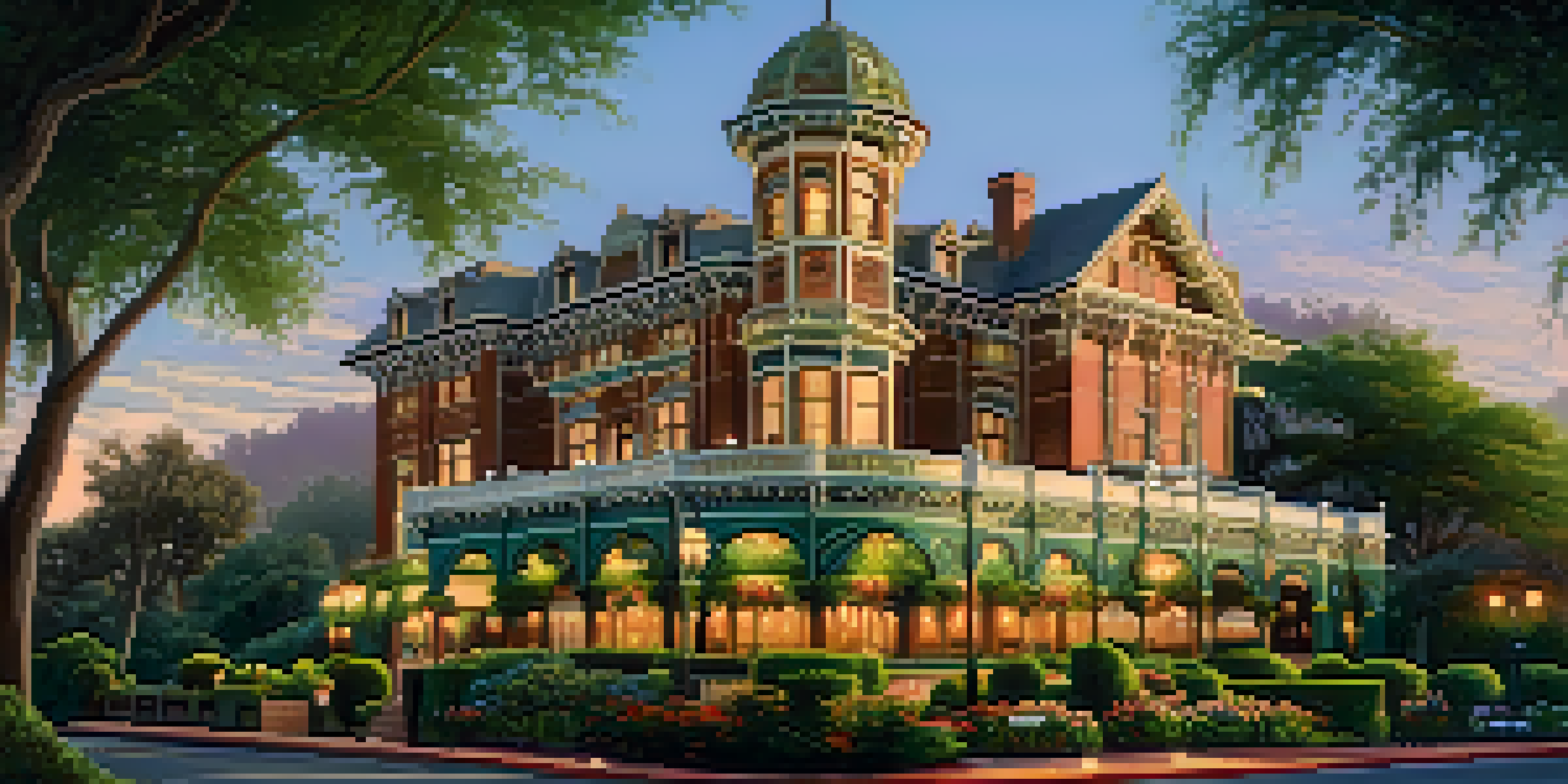 A scenic view of Hotel Green, a historic Victorian building surrounded by colorful gardens at sunset.